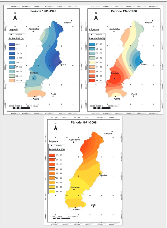 Figure 5. Répartition spatiale des probabilités d'occurrence de trois années sèches successives.