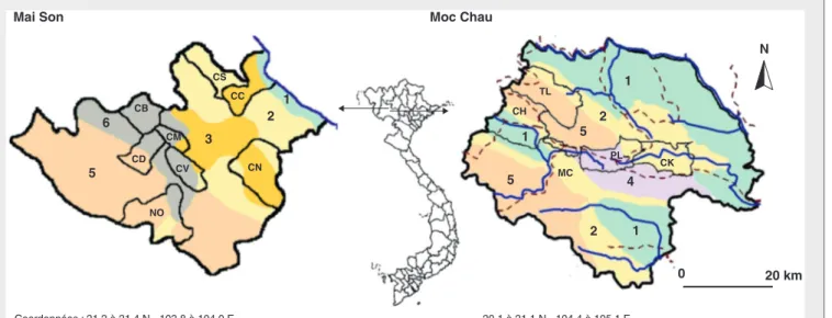 Figure 1. Zonage agroécologique des districts de Moc Chau et Mai Son (Province de Son La) et localisation des villages étudiés