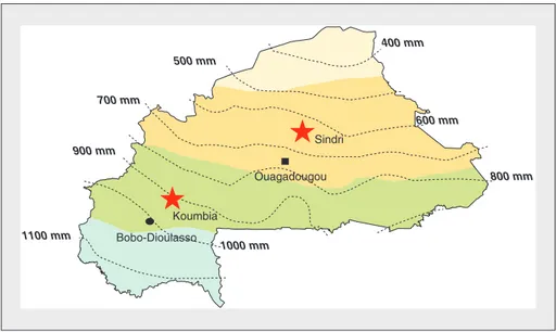 Figure 1. Localisation des villages de Koumbia et Sindri sur la carte des isohyètes du Burkina Faso