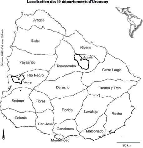 Figure 1: localisation de l'Uruguay et des deux régions d'étude 