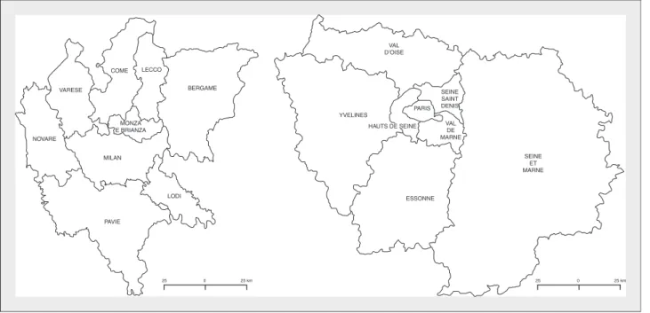 Figure 1. Régions métropolitaines de Milan (Italie) et Paris (France) telles que définies par l' OCDE (2006) 