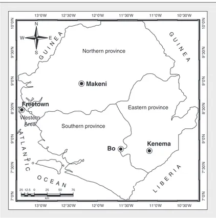 Figure 1. A location map of Sierra Leone depicting the provincial divisions and the Western Area in solid lines along with the selected study areas in eyed-dots.