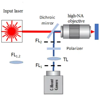 Figure 24: Confocal inverted microscope modified for BFP imaging by adding Fourier optics components, that is TL and FL (also called BL).