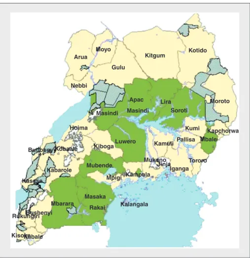 Figure 1. The 10 surveyed districts in Uganda (highlighted in darker shaded areas). Figure 1