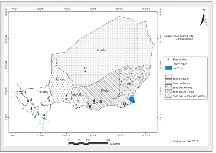 Figure 1. Localisation des zones de cultures irriguées et des sites étudiés. Figure 1