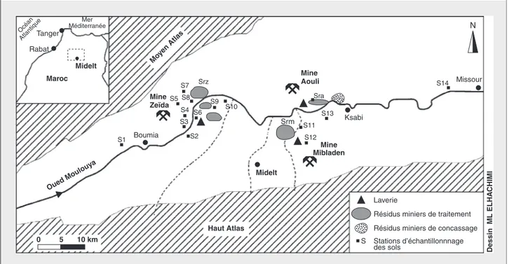 Figure 1. Carte de situation de la région d'étude, des infrastructures minières et des stations d'échantillonnage au voisinage des mines Aouli-Mibladen-Zeïda, en amont et en aval.