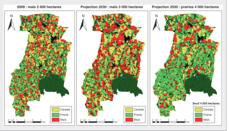 Figure 8. Occupation des sols de Pleine-Fougère ; situation actuelle (2009) ; image « maïs » en 2030 et image « herbe » en 2030.