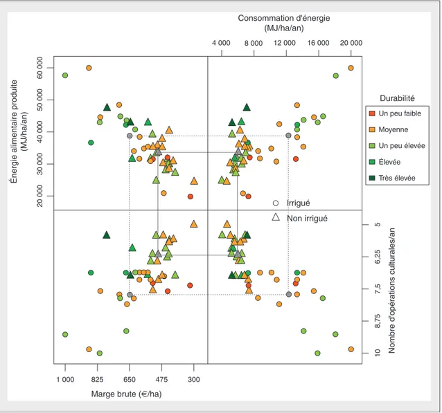 Figure 3. Quatre caractéristiques clés des systèmes de grandes cultures biologiques spécialisés irrigués (symbole rond) ou non irrigués (symbole triangulaire) de la région Midi-Pyrénées sur la période 2003-2006.