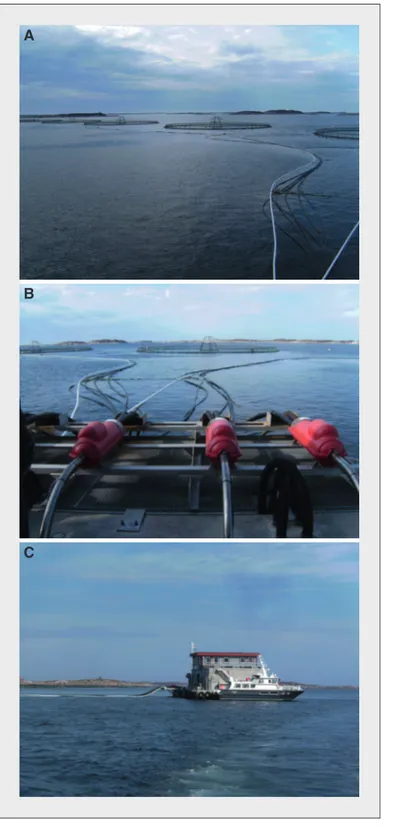 Figure 4. Norvège : ferme de production (12 000 tonnes/an) en mer. Figure 4. Norway : 12,000 tons/year off-shore salmon farm.