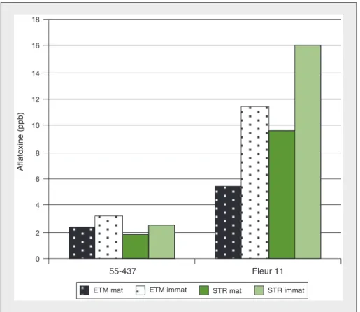 Figure 3. Effet des niveaux de maturité des gousses et du régime hydrique sur le taux de contamination par les aflatoxines au champ (Aflatoxine, ppb) sur les variétés précoces 55-437 (résistante) et Fleur 11 (sensible).