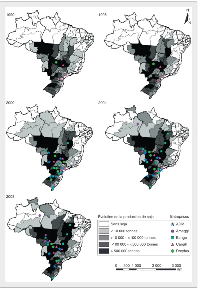 Figure 1. Brésil : expansion de la production du soja (en tonnes) et localisation des agro-industries de transformation – 1990-2008