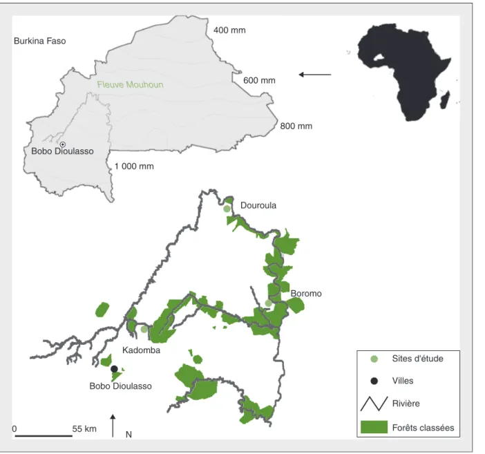 Figure 1. Localisation des trois sites d'étude au Burkina Faso. Figure 1. Location of the three study sites in Burkina Faso.