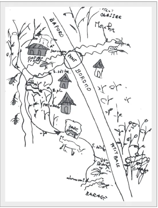 Figure 2. Dessin réalisé par les éleveurs de Boromo illustrant la manière dont les éleveurs perçoivent l'espace utilisé par les troupeaux (représentation des parcs de nuit par rapport aux rivières, à la forêt classée, aux zones de pâturage et aux glossines).