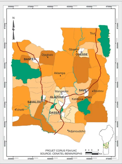 Figure 1. Carte de localisation géographique des villages du département des Collines (Bénin) retenus pour le diagnostic selon la disponibilité en terres par habitant agricole.