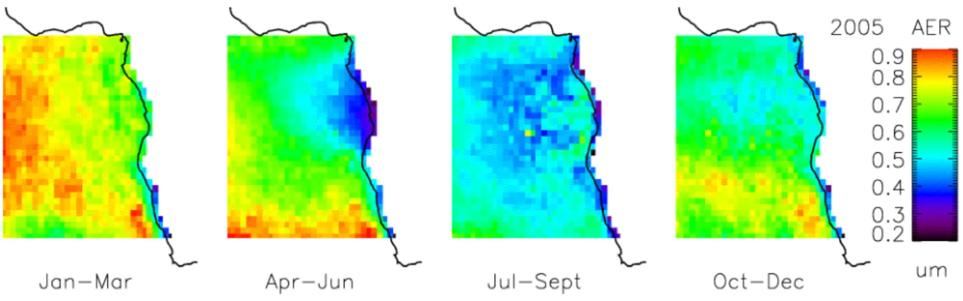 Figure 11: maps of seasonally averaged measurements of aerosol effective radius for 2005.