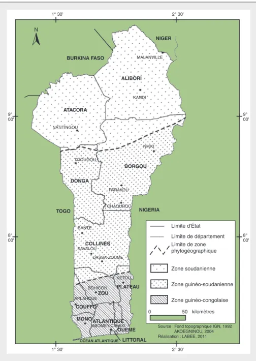 Figure 1. Carte des zones phytogéographiques du Bénin.