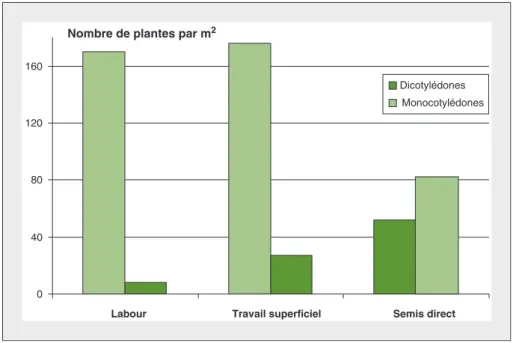 Figure 2. Effet du travail du sol sur la constitution des communautés adventices ([d'après Debaeke et Orlando, 1994]).