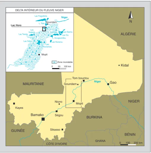 Figure 1. Localisation du lac Horo dans le delta intérieur du Niger. Figure 1. Location of Lake Horo in the Inner Niger delta.