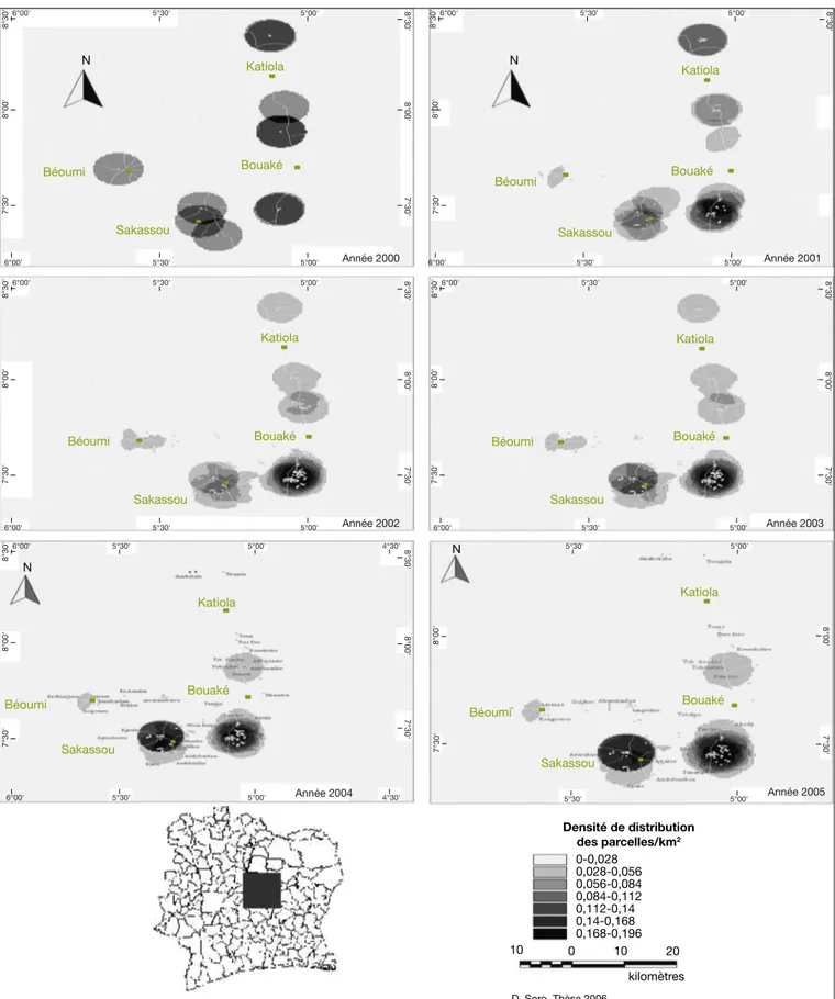 Figure 4. Cartes de la distribution spatio-temporelle des nouvelles varie´te´s d’igname de 2000 a` 2005 au centre de la Coˆte d’Ivoire