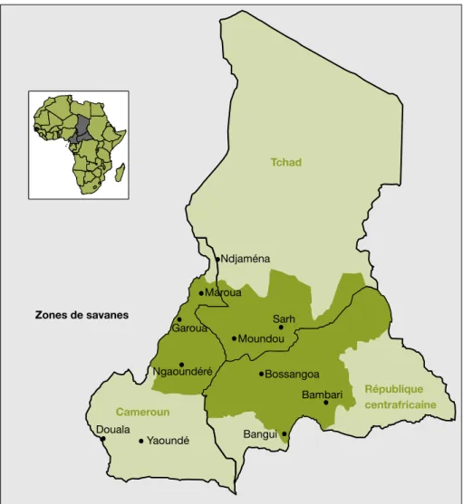 Figure 1. Carte de localisation des zones de savanes cotonnie`res en Centrafrique, Cameroun et Tchad.