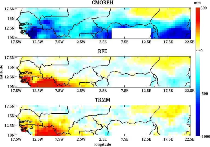 Figure  2-20  :  Mean  annual  differences  in  precipitation  amount  over  the  rainy  season  (May  to 