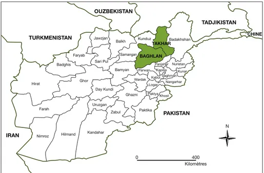 Figure 1. Carte de l’Afghanistan indiquant la localisation des provinces de Takhar et Baghlan.