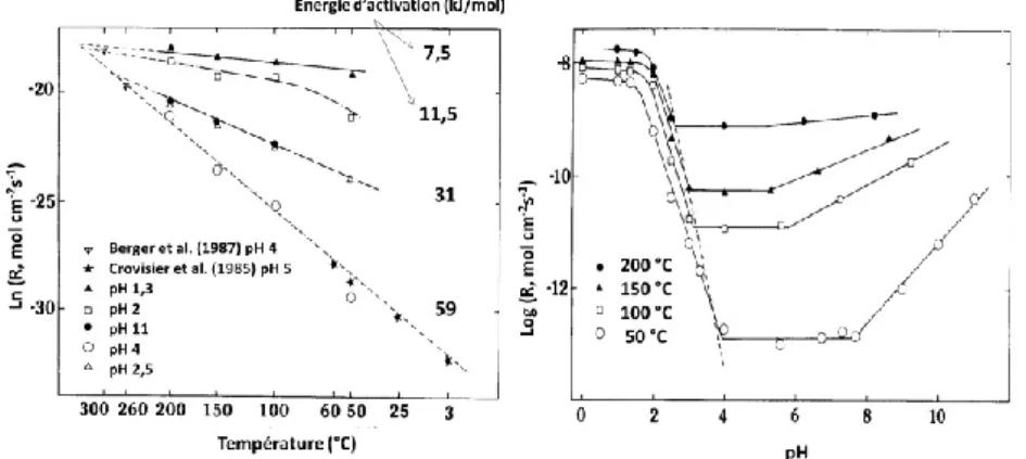 Figure 7 |(a) Vitesse de dissolution de verres basaltiques en fonction de la température