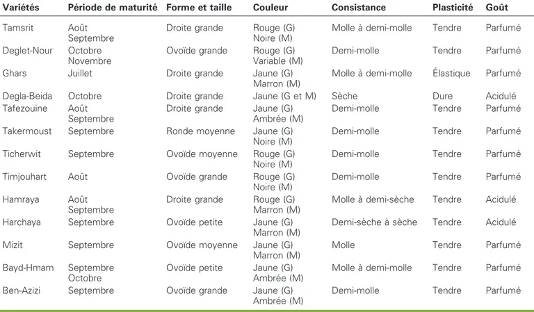 Tableau 3 . Caracte´ristiques des fruits des varie´te´s de palmiers dattiers e´tudie´es.