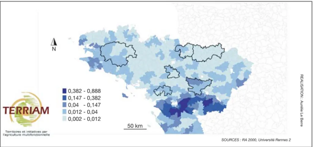 Figure 3. Les activités diverses en Région Bretagne, Pays de la Loire : proportion d’exploitations prati-