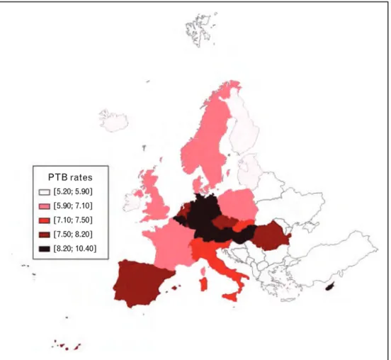 FIGURE 1. Rates of preterm birth (PTB) among live births in Europe in 2010.