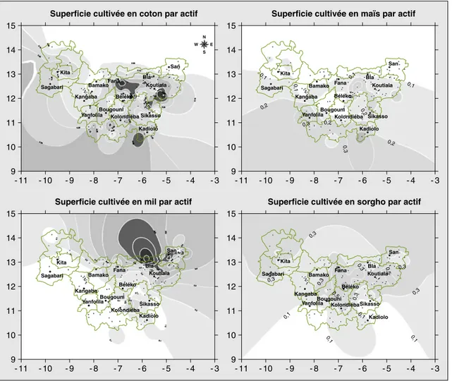 Figure 2 . Répartition spatiale des superficies cultivées par actif pour les principales cultures du système coton : coton, maïs, mil et sorgho