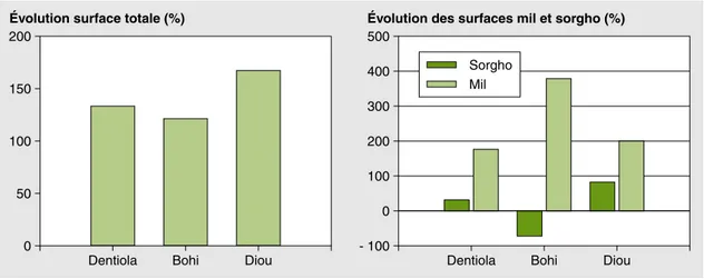 Figure 3 . Augmentation en pourcentage de la surface totale et de celles consacrées au mil et au sorgho entre 1985 et 2005 sur l’échantillon de 15 exploitations dans chaque village.