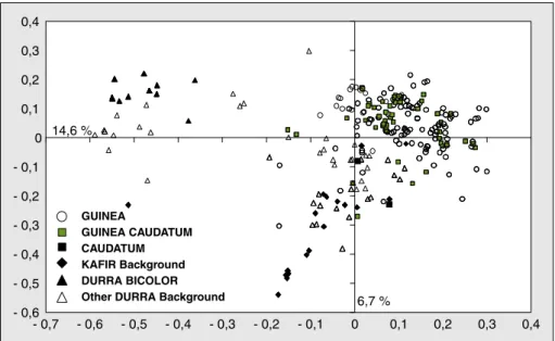 Figure 2 . Analyse factorielle sur tableau de dissimilarité (AFTD) de 260 individus appartenant à 19 varié- varié-tés nommées par les paysans de Wanté (Cameroun).