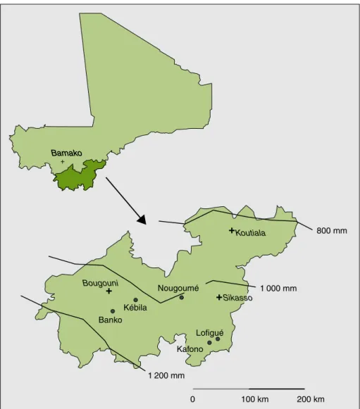 Figure 1 . Région de Sikasso au Mali. Position des villages étudiées (Banko, Kébila, Nougoumé, Kafono, Lofigué) et pluviométrie moyenne sur la période 1971-2000.