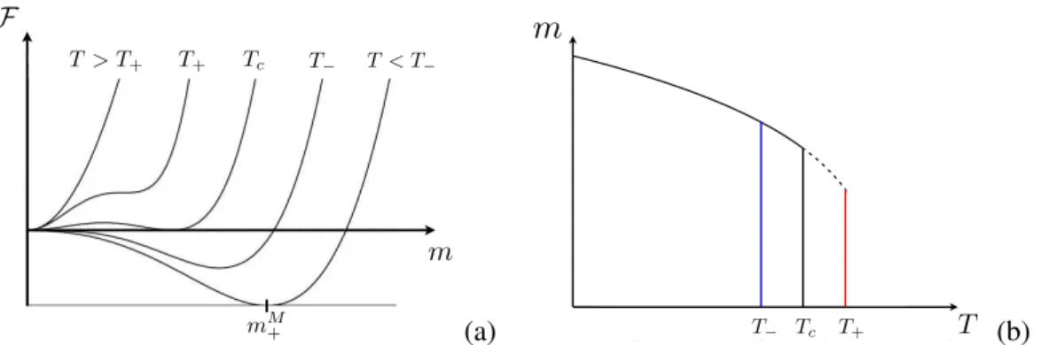 Figure III.1: (a) Landau potential with a cubic term in m for different temperatures. The limits of metastability are indicated