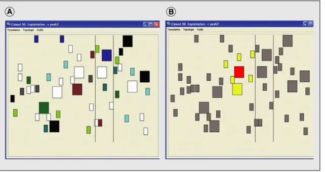 Figure 2. Réseaux sociaux et spatiaux dans DIVAMod : copies d’écran de différents points de vue de l’interface spatiale