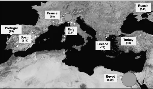 Figure 1. Carte des principales zones de production de riz en Europe et dans les autres pays méditerra-