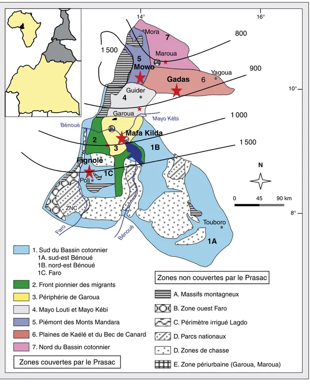 Figure 1 . Localisation des terroirs retenus dans le cadre de l’étude (d’après Dugué et al., 1994).