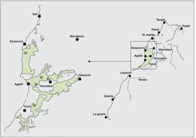 Figure 1 . Localisation des sites de l’étude (.) dans l’arganeraie.