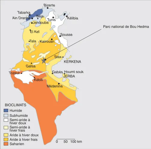 Figure 1. Localisation géographique du parc national de Bou Hedma sur la carte bioclimatique de la Tunisie (Gounot et Le Houérou, 1968 ; Gounot et Le Houérou, 1988).