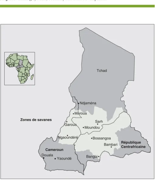 Figure 1 . Carte de localisation des zones de savanes cotonnières en RCA, Cameroun et Tchad.