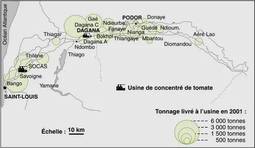 Figure 1. Zones de production de la tomate industrielle au Sénégal. Figure 1. Industrial tomato production areas in Senegal.