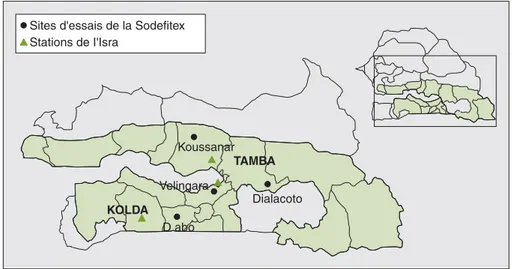 Figure 1. Bassin de production du coton au Sénégal ; localisation des stations climatiques et des centres