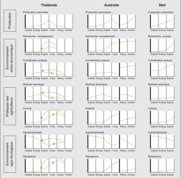 Figure 4 . Cycle d’évolution des systèmes cotonniers : analyse comparée de la Thaïlande, de l’Australie et du Mali.