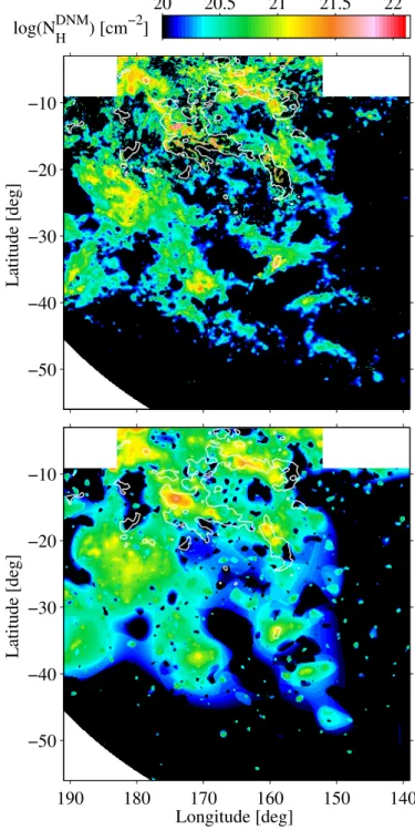 Fig. 8. Hydrogen column density maps in the DNM and CO sat compo-
