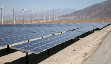 Figure 1.1 Wind turbines and a large solar panel in Palm Springs, California 