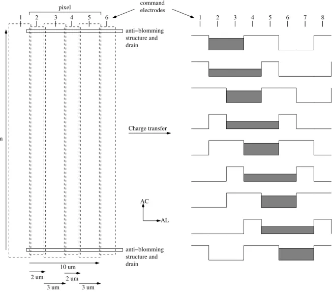 Figure 1.9: Representation of charge transfer in a four-phase TDI CCD (courtesy of CNES [18])
