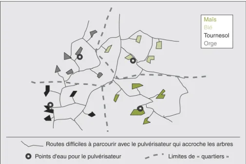 Figure 3. Des quartiers centrés autour de chaque point d’eau pour le remplissage du pulvérisateur.