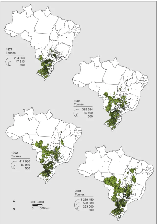Figure 1. La production de soja au Brésil en 1977, 1985, 1992 et 2001 [1].