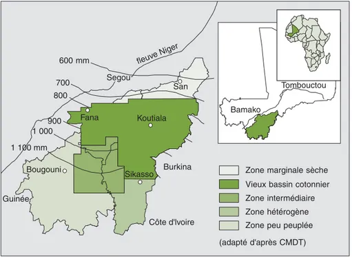 Figure 1 . La région cotonnière de Mali-Sud. La région de Kita, située plus à l’ouest, n’est pas représentée
